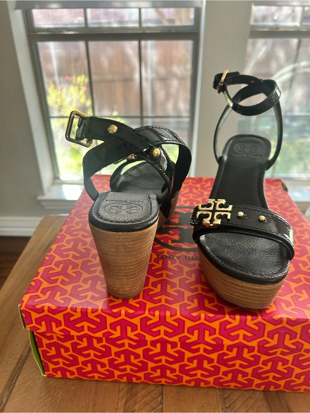 Tory Burch Black Patent Leather Wedge Sandals with Gold Logo